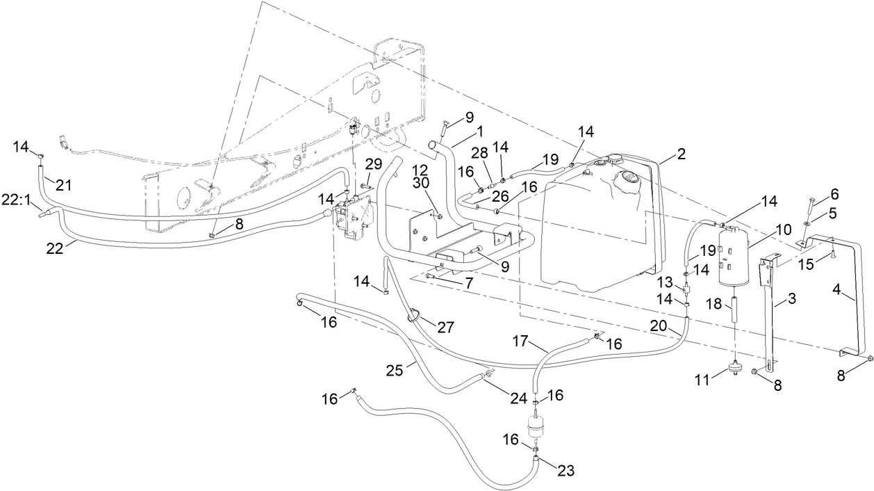 Fuel Tank, Filter and Line Assembly