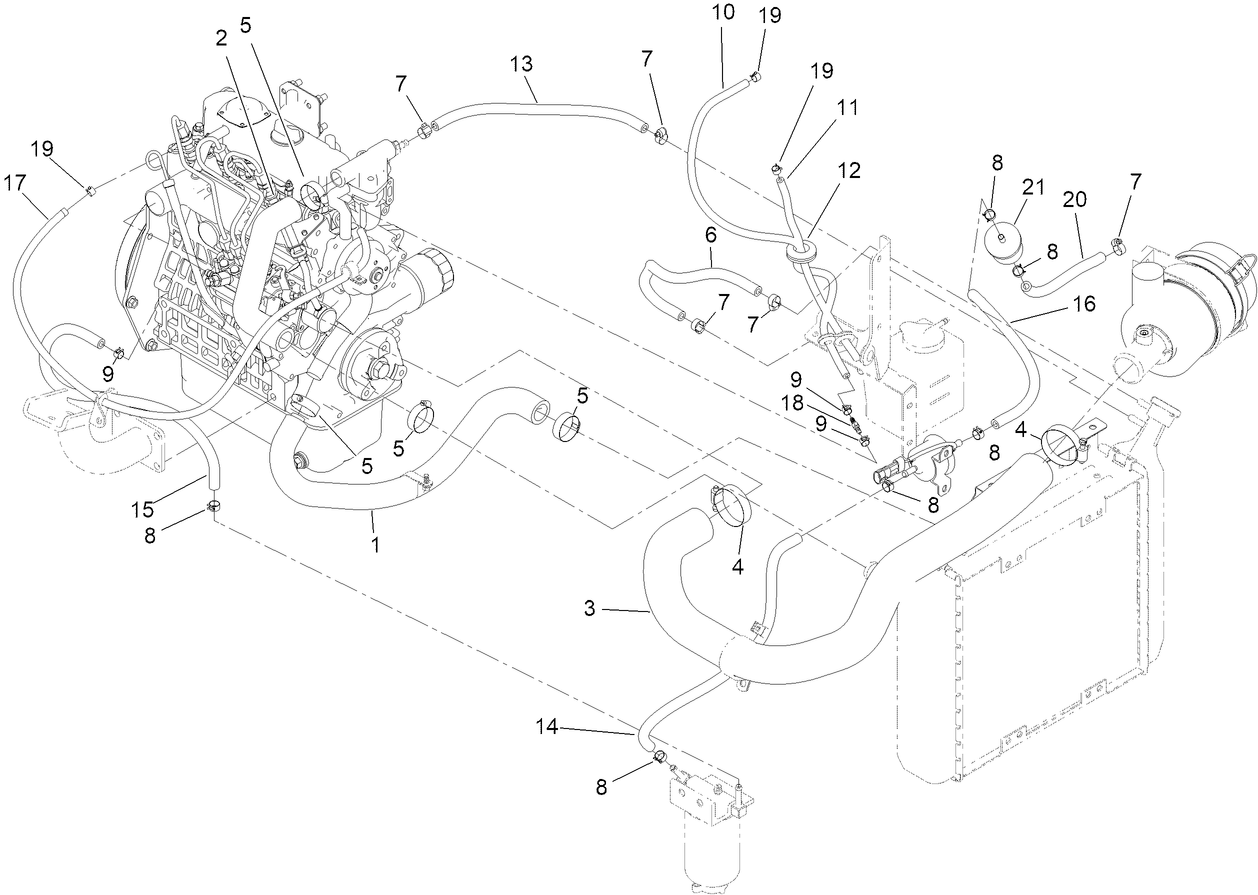 Radiator, Air Hose and Fuel Line Assembly
