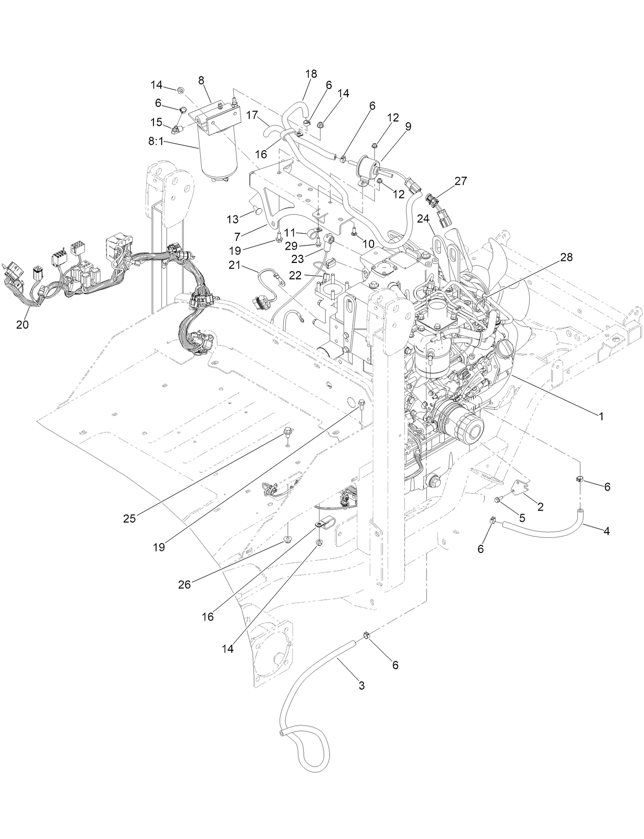 Engine, Main Wire Harness and Fuel Assembly