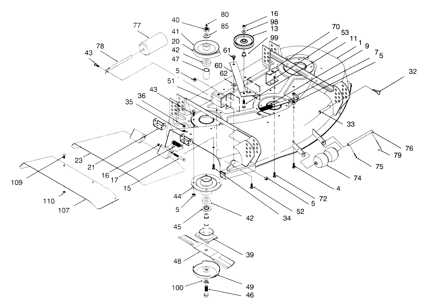 Deck, Deflector-S, Pulleys & Spindle-S