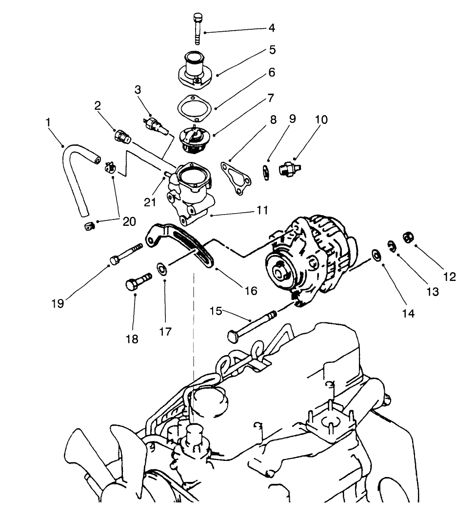Thermostat And Alternator Mount Assembly