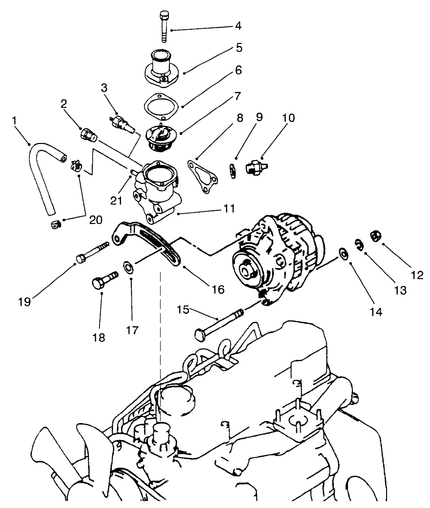 Thermostat And Alternator Mount Assembly