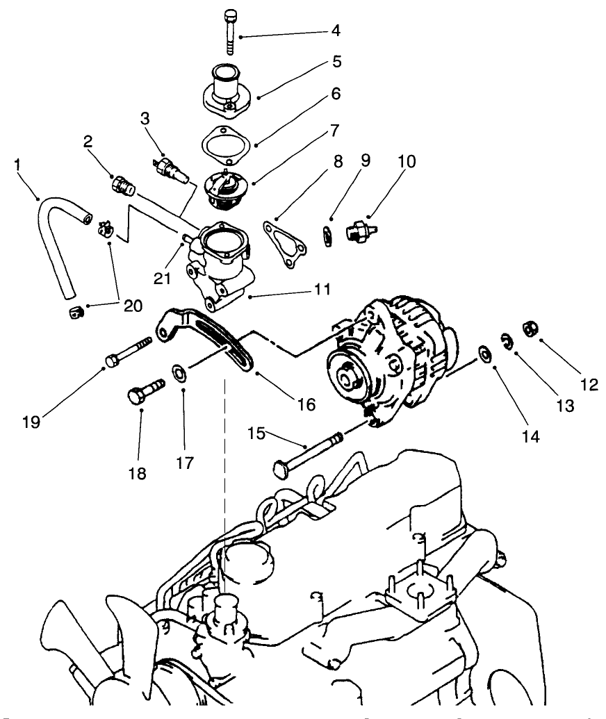 Thermostat And Alternator Mount Assembly