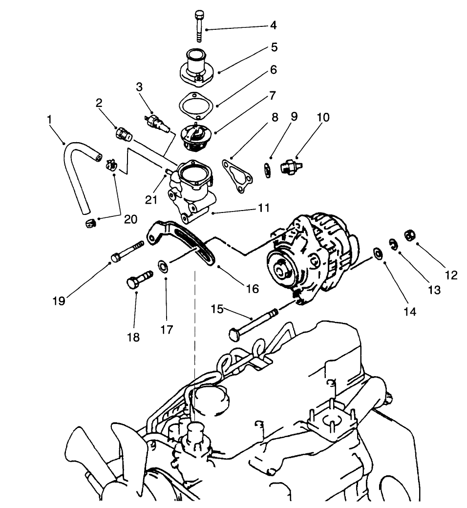 Thermostat And Alternator Mount Assembly
