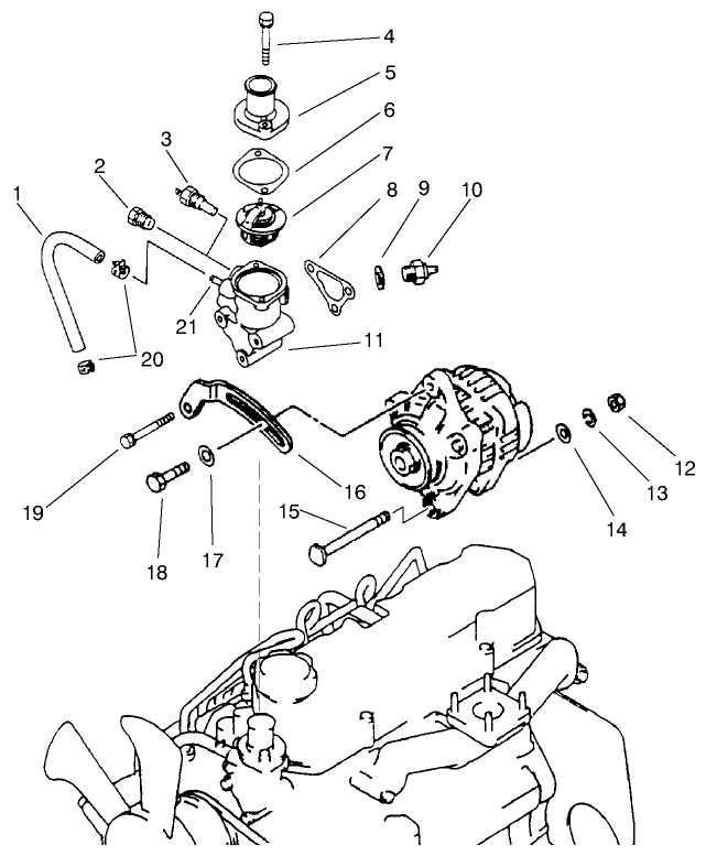 Thermostat And Alternator Mount Assembly