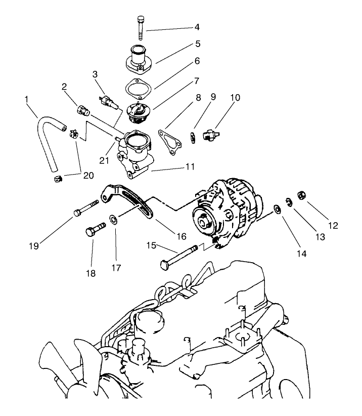 Thermostat And Alternator Mount Assembly
